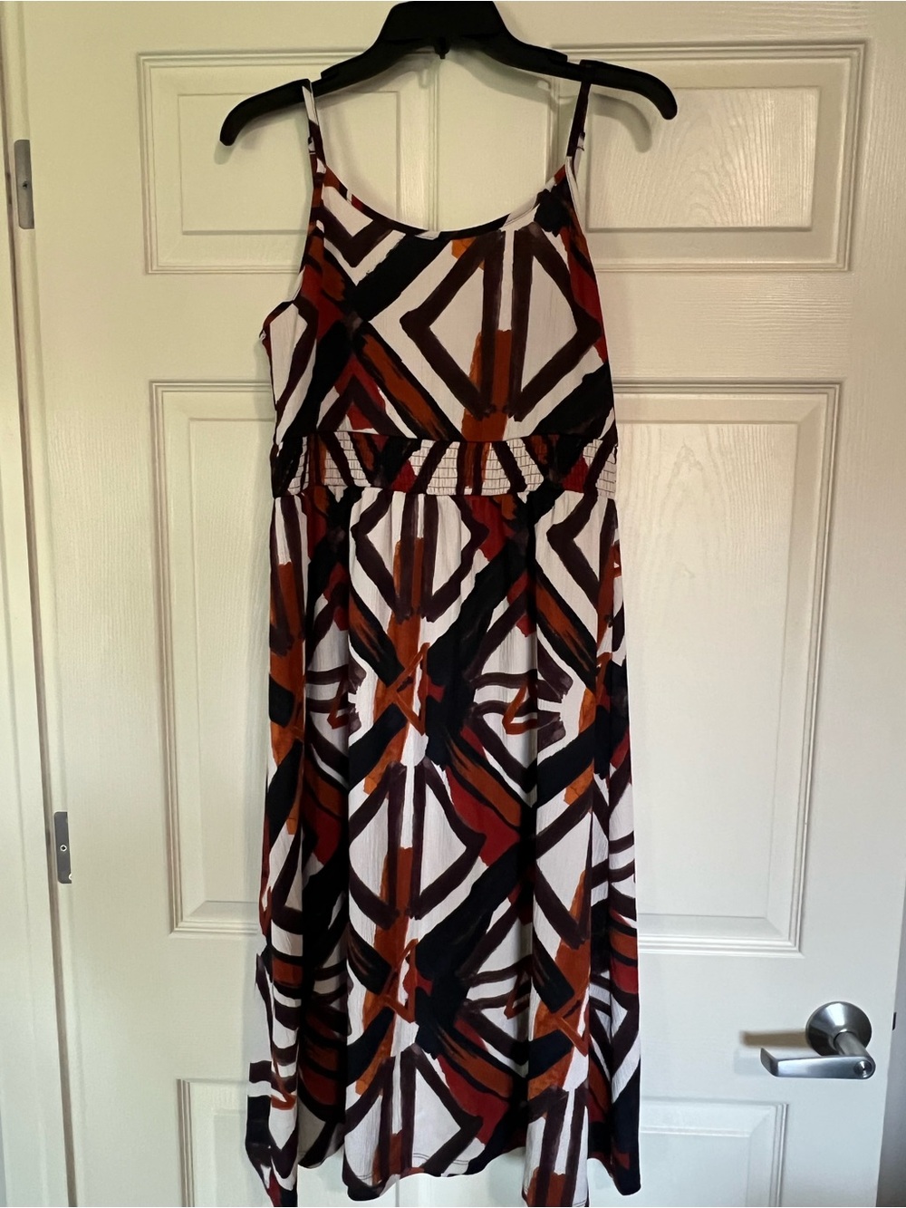 Abstract Geometric Sleeveless Midi Dress in White, Black & Rust